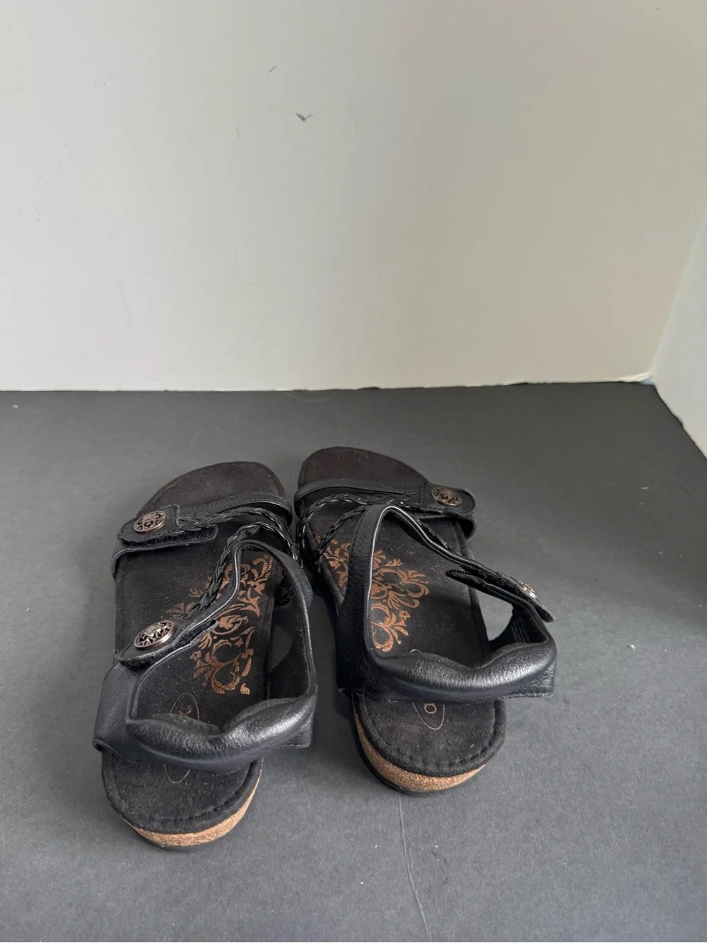 Aetrex Jillian Sandals Braided-Strap Women's Black Leather Sandals Size 7